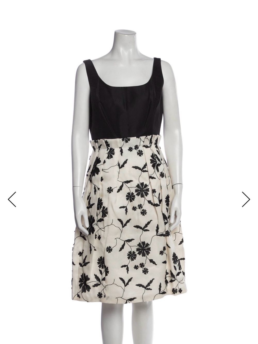Oscar de la Renta Black Bodice with Cream Floral Skirt Dress